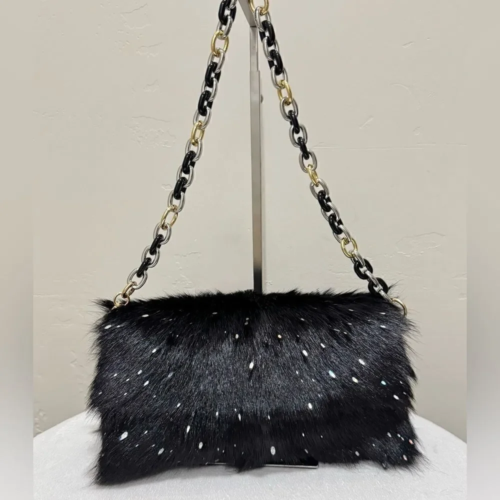 Black Real Goat Hair-on Hide Handmade Baguette Bag, 2 Straps Style